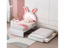 Cama nido 90x200+90x190cm, cama infantil acolchada en tejido de terciopelo, con cajón de almacenamiento, cabecero LED con orejas de conejo, Beige New