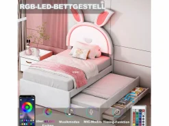 Cama nido 90x200+90x190cm, cama infantil acolchada en tejido de terciopelo, con cajón de almacenamiento, cabecero LED con orejas de conejo, Beige New