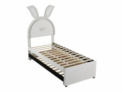 Cama nido 90x200+90x190cm, cama infantil acolchada en tejido de terciopelo, con cajón de almacenamiento, cabecero LED con orejas de conejo, Beige New