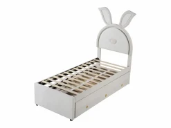 Cama nido 90x200+90x190cm, cama infantil acolchada en tejido de terciopelo, con cajón de almacenamiento, cabecero LED con orejas de conejo, Beige New