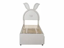 Cama nido 90x200+90x190cm, cama infantil acolchada en tejido de terciopelo, con cajón de almacenamiento, cabecero LED con orejas de conejo, Beige New