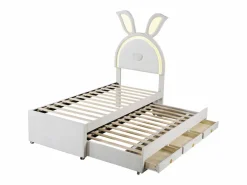 Cama nido 90x200+90x190cm, cama infantil acolchada en tejido de terciopelo, con cajón de almacenamiento, cabecero LED con orejas de conejo, Beige New