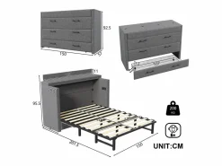 ModernLuxe Cama plegable 140 x 200 cm - 1 cajón - Compartimento de almacenamiento - Puertos USB y Type-C - (colchón no incluido) Gris Clearance