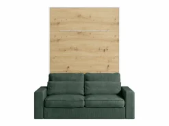 Vente-unique Cama Abatible|Cama plegable 140 x 200 cm con leds blanco y natural + sofá verde - RAPILI