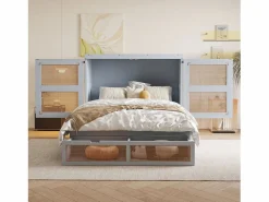 Cama plegable de 140 x 200 cm con cajones y diseño de ratán - Madera - Colchón no incluido. Gris Hot