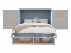 Cama plegable de 140 x 200 cm con cajones y diseño de ratán - Madera - Colchón no incluido. Gris Hot
