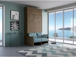 ITAMOBY Cama Abatible|Cama plegable Kentaro de 120 cm tamaño queen con sofá y mueble de pared de nogal, color azul claro
