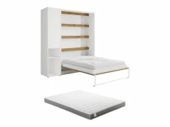 Vente-unique Cama plegable vertical 140 x 200 cm blanca y natural 1 armario + colchón - RAPILI Color natural claro / Blanco Outlet