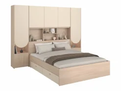 Cama puente 140 x 190 cm con almacenamiento y LEDs en beige y natural + somier - DOMELITO^Vente-unique Discount
