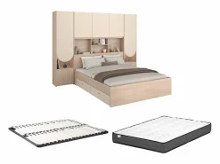 Vente-unique Cama puente 160 x 200 cm con almacenamiento y LEDs beige y natural + somier + colchón - DOMELITO Beige / Color natural claro Best
