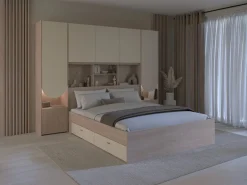 Cama puente 140 x 190 cm con almacenamiento y LEDs beige y natural + somier + colchón - DOMELITO^Vente-unique Discount