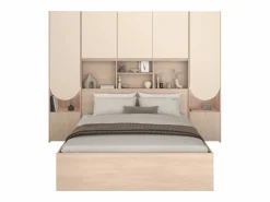 Cama puente 140 x 190 cm con almacenamiento y LEDs beige y natural + somier + colchón - DOMELITO^Vente-unique Discount