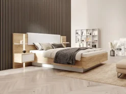 Vente-unique Cama Con Almacenaje|Cama Adulto|Cama queen size 160 x 200 cm con mesitas de noche LEDs en natural y blanco + somier + colchón - ELYNIA