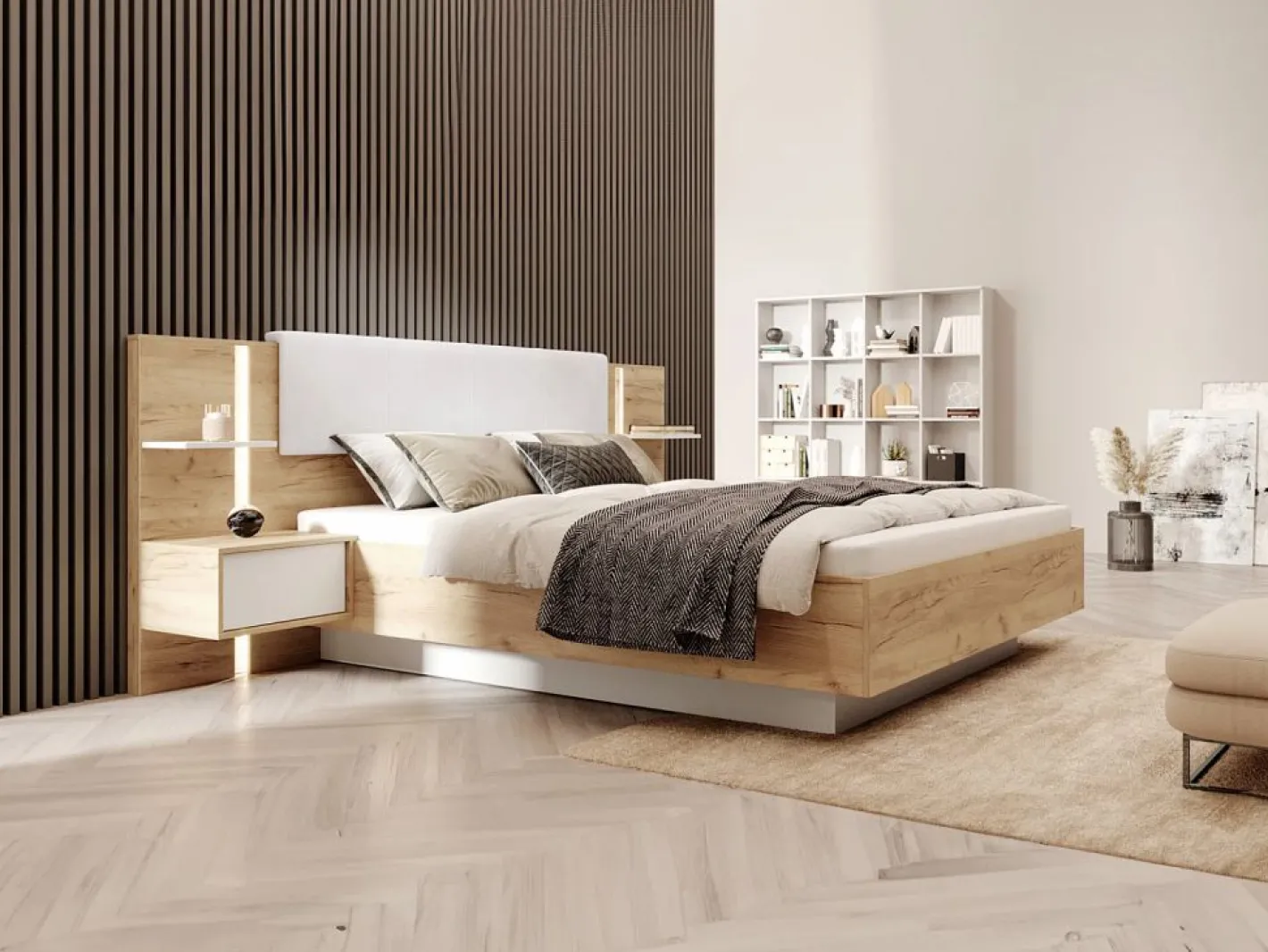 Vente-unique Cama Con Almacenaje|Cama Adulto|Cama queen size 160 x 200 cm con mesitas de noche LEDs en natural y blanco + somier + colchón - ELYNIA