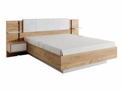 Vente-unique Cama Con Almacenaje|Cama Adulto|Cama queen size 160 x 200 cm con mesitas de noche LEDs en natural y blanco + somier + colchón - ELYNIA
