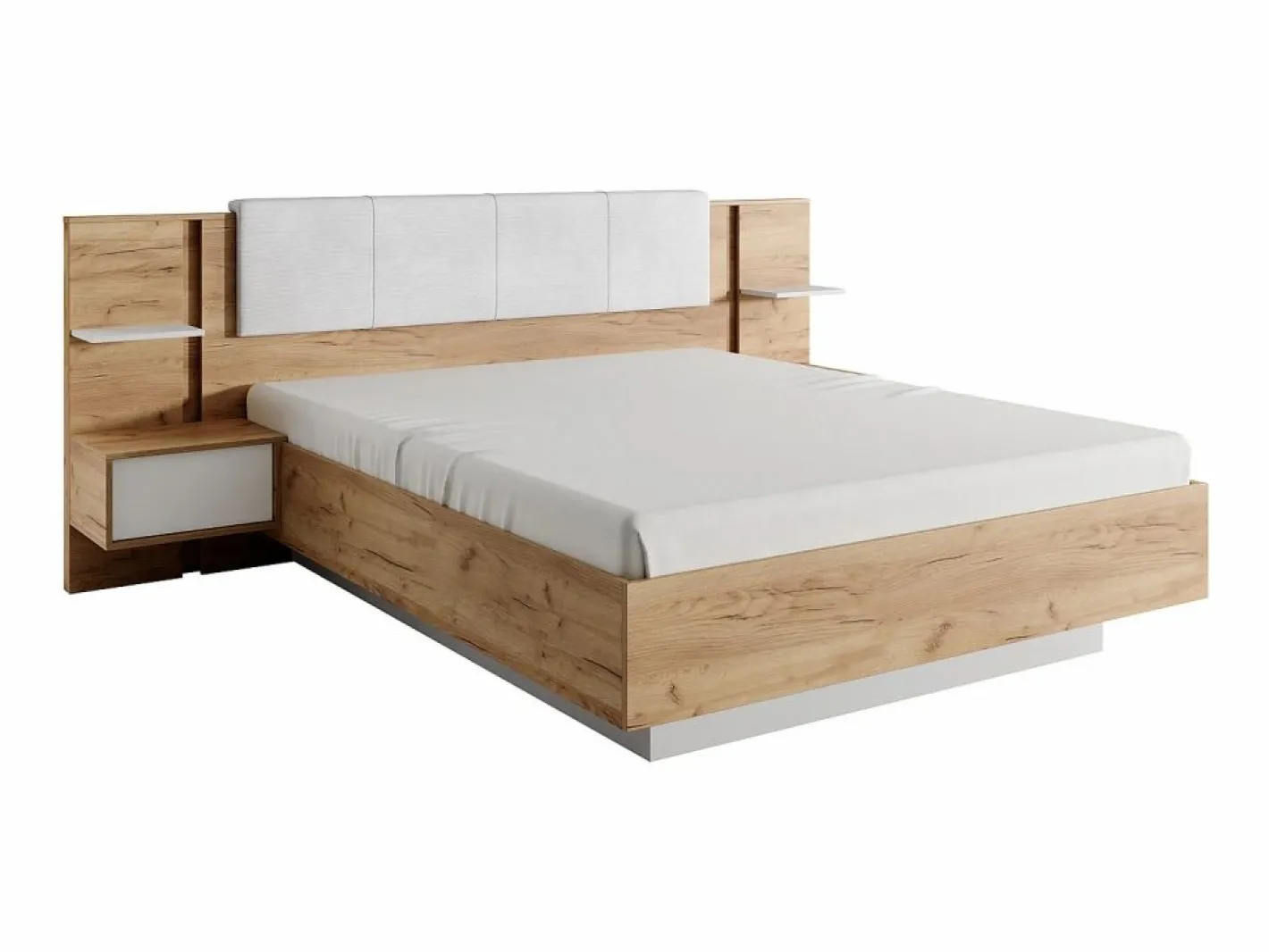 Vente-unique Cama Con Almacenaje|Cama Adulto|Cama queen size 160 x 200 cm con mesitas de noche LEDs en natural y blanco + somier + colchón - ELYNIA