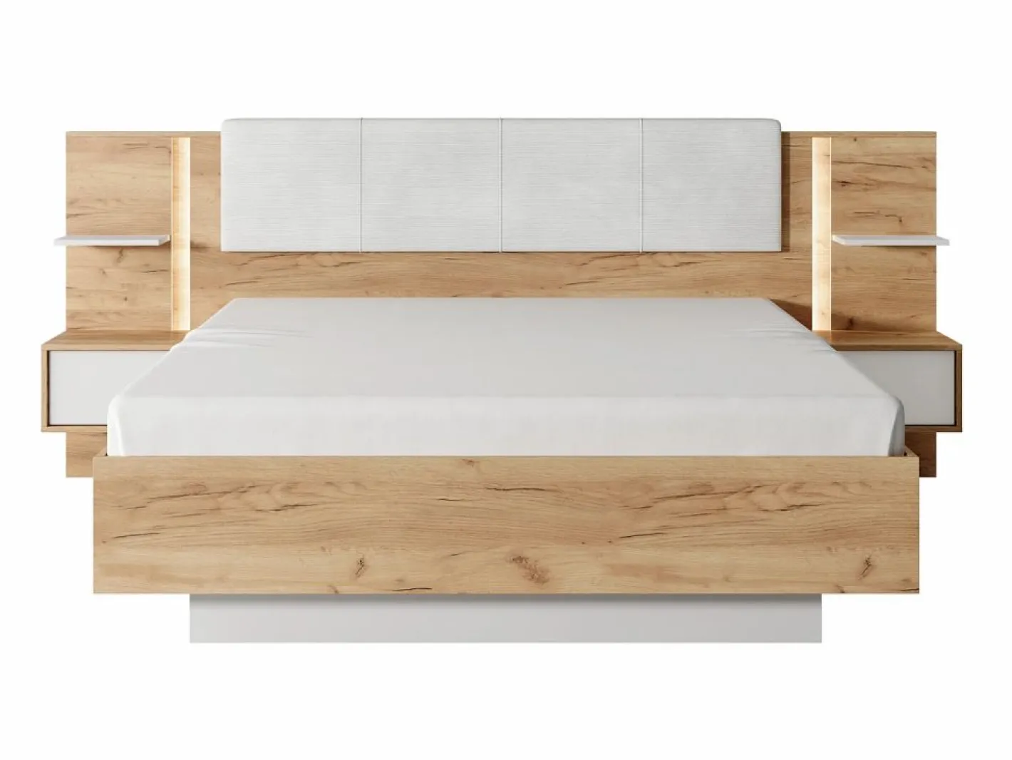 Vente-unique Cama Con Almacenaje|Cama Adulto|Cama queen size 160 x 200 cm con mesitas de noche LEDs en natural y blanco + somier + colchón - ELYNIA