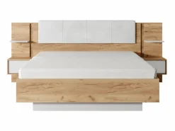 Vente-unique Cama Con Almacenaje|Cama Adulto|Cama queen size 160 x 200 cm con mesitas de noche LEDs en natural y blanco + somier + colchón - ELYNIA