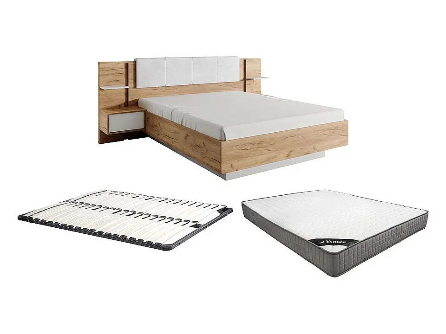 Vente-unique Cama Con Almacenaje|Cama Adulto|Cama queen size 160 x 200 cm con mesitas de noche LEDs en natural y blanco + somier + colchón - ELYNIA