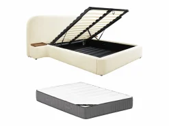 Maison Céphy Cama queen size con almacenaje, mesitas de noche de tela bouclé blanca y colchón - ESTERIA by Blanco Discount