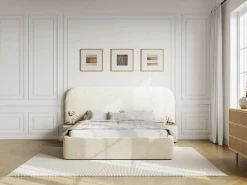 Maison Céphy Cama queen size con almacenaje, mesitas de noche de tela bouclé blanca y colchón - ESTERIA by Blanco Discount