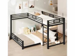 ModernLuxe Cama superpuesta de metal en forma de L - 90x200 cm + 140x200 cm - con barreras de seguridad y escalera - Metal - ​ (Colchón no incluido) Negro