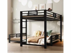ModernLuxe Cama superpuesta de metal en forma de L - 90x200 cm + 140x200 cm - con barreras de seguridad y escalera - Metal - ​ (Colchón no incluido) Negro