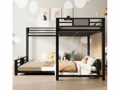 ModernLuxe Cama superpuesta de metal en forma de L - 90x200 cm + 140x200 cm - con barreras de seguridad y escalera - Metal - ​ (Colchón no incluido) Negro