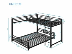 ModernLuxe Cama superpuesta de metal en forma de L - 90x200 cm + 140x200 cm - con barreras de seguridad y escalera - Metal - ​ (Colchón no incluido) Negro