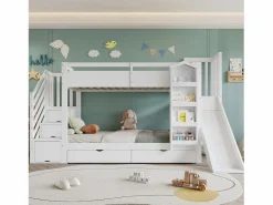 ModernLuxe Cama Litera|Cama superpuesta infantil 90x200 cm - con escalera de almacenamiento y tobogán - con una biblioteca ilustrada - con 2 cajones - ​ (sin colchón)