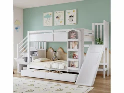 ModernLuxe Cama Litera|Cama superpuesta infantil 90x200 cm - con escalera de almacenamiento y tobogán - con una biblioteca ilustrada - con 2 cajones - ​ (sin colchón)