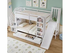 ModernLuxe Cama Litera|Cama superpuesta infantil 90x200 cm - con escalera de almacenamiento y tobogán - con una biblioteca ilustrada - con 2 cajones - ​ (sin colchón)