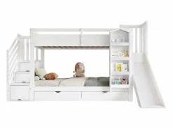 ModernLuxe Cama Litera|Cama superpuesta infantil 90x200 cm - con escalera de almacenamiento y tobogán - con una biblioteca ilustrada - con 2 cajones - ​ (sin colchón)