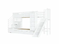 ModernLuxe Cama Litera|Cama superpuesta infantil 90x200 cm - con escalera de almacenamiento y tobogán - con una biblioteca ilustrada - con 2 cajones - ​ (sin colchón)