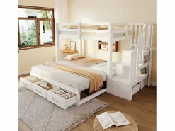 ModernLuxe Cama superpuesta infantil 90 x 200 cm - con escalera de almacenamiento - con 3 cajones - con cama nido - ​ (colchón no incluido) Blanco