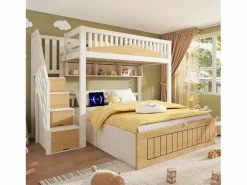 ModernLuxe Cama superpuesta 90x200cm + 140x200cm - Cama inferior con espacio de almacenamiento - escalera con almacenamiento - con puerto USB - Blanco+Natural​ (sin colchón) Color natural claro / Blanco Clearance