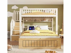 ModernLuxe Cama superpuesta 90x200cm + 140x200cm - Cama inferior con espacio de almacenamiento - escalera con almacenamiento - con puerto USB - Blanco+Natural​ (sin colchón) Color natural claro / Blanco Clearance