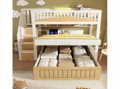 ModernLuxe Cama superpuesta 90x200cm + 140x200cm - Cama inferior con espacio de almacenamiento - escalera con almacenamiento - con puerto USB - Blanco+Natural​ (sin colchón) Color natural claro / Blanco Clearance