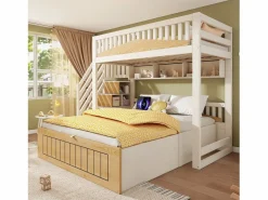 ModernLuxe Cama superpuesta 90x200cm + 140x200cm - Cama inferior con espacio de almacenamiento - escalera con almacenamiento - con puerto USB - Blanco+Natural​ (sin colchón) Color natural claro / Blanco Clearance