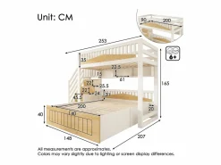 ModernLuxe Cama superpuesta 90x200cm + 140x200cm - Cama inferior con espacio de almacenamiento - escalera con almacenamiento - con puerto USB - Blanco+Natural​ (sin colchón) Color natural claro / Blanco Clearance