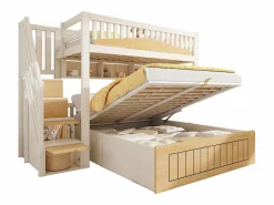 ModernLuxe Cama superpuesta 90x200cm + 140x200cm - Cama inferior con espacio de almacenamiento - escalera con almacenamiento - con puerto USB - Blanco+Natural​ (sin colchón) Color natural claro / Blanco Clearance