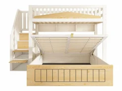 ModernLuxe Cama superpuesta 90x200cm + 140x200cm - Cama inferior con espacio de almacenamiento - escalera con almacenamiento - con puerto USB - Blanco+Natural​ (sin colchón) Color natural claro / Blanco Clearance