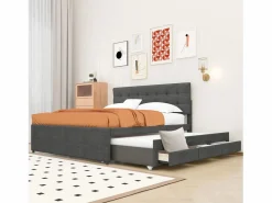 Cama tapizada, cama doble, cama familiar, cama de matrimonio con tres cajones, cama nido, cabecero regulable, , 140x200cm^ Hot