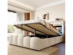 Cama tapizada con almacenaje 140x200 cm - con iluminación LED - con puertos USB + Type-C - terciopelo - (colchón no incluido)^ModernLuxe New