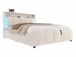 Cama tapizada con almacenaje 140x200 cm - con iluminación LED - con puertos USB + Type-C - terciopelo - (colchón no incluido)^ModernLuxe New