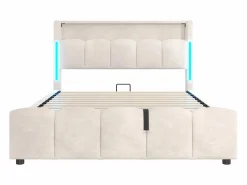 Cama tapizada con almacenaje 140x200 cm - con iluminación LED - con puertos USB + Type-C - terciopelo - (colchón no incluido)^ModernLuxe New