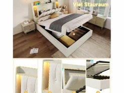 Merax Cama tapizada con almacenaje - 90 x 200 cm - con USB + LED + cabecero con almacenaje - lino - Beige Outlet