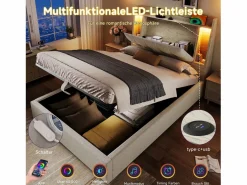 Merax Cama tapizada con almacenaje - 90 x 200 cm - con USB + LED + cabecero con almacenaje - lino - Beige Outlet