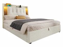 Merax Cama tapizada con almacenaje - 90 x 200 cm - con USB + LED + cabecero con almacenaje - lino - Beige Outlet