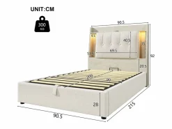 Merax Cama tapizada con almacenaje - 90 x 200 cm - con USB + LED + cabecero con almacenaje - lino - Beige Outlet